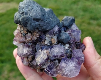 586g Purple Fluorite Cluster &quot;Purple Rain Pocket&quot; with Large Galena Formation From United Kingdom for Altar Decor / Meditation / Collection