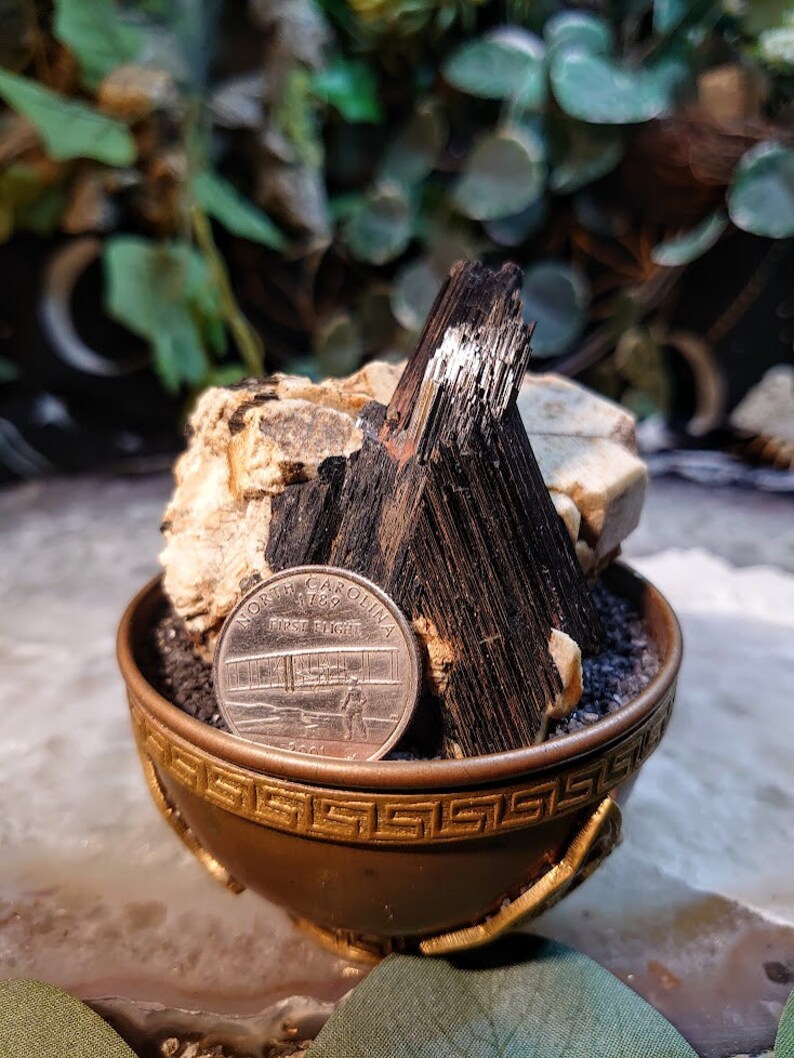 May include: A small, black and white crystal cluster sits in a gold-coloured, decorative bowl. The bowl has a Greek key design around the rim. A US quarter coin is placed in front of the crystal cluster for scale.