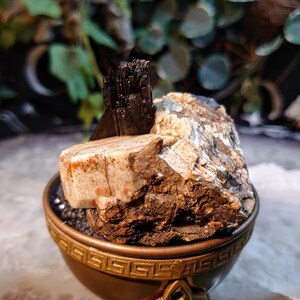 May include: A small, dark brown bowl with a gold-coloured trim and a Greek key design sits on a white surface. Inside the bowl is a large, rough, light brown rock with black and white streaks. A small, black, pointed crystal sits on top of the rock.
