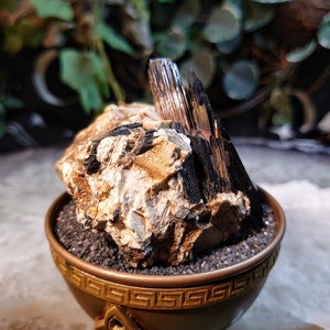 May include: A black and brown crystal cluster in a gold-coloured decorative bowl. The crystal cluster is surrounded by black gravel.
