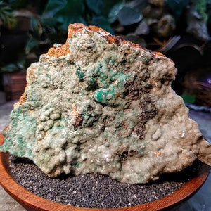 May include: A large, rough, green and white mineral specimen with a brown base. The mineral has a bubbly, textured surface.
