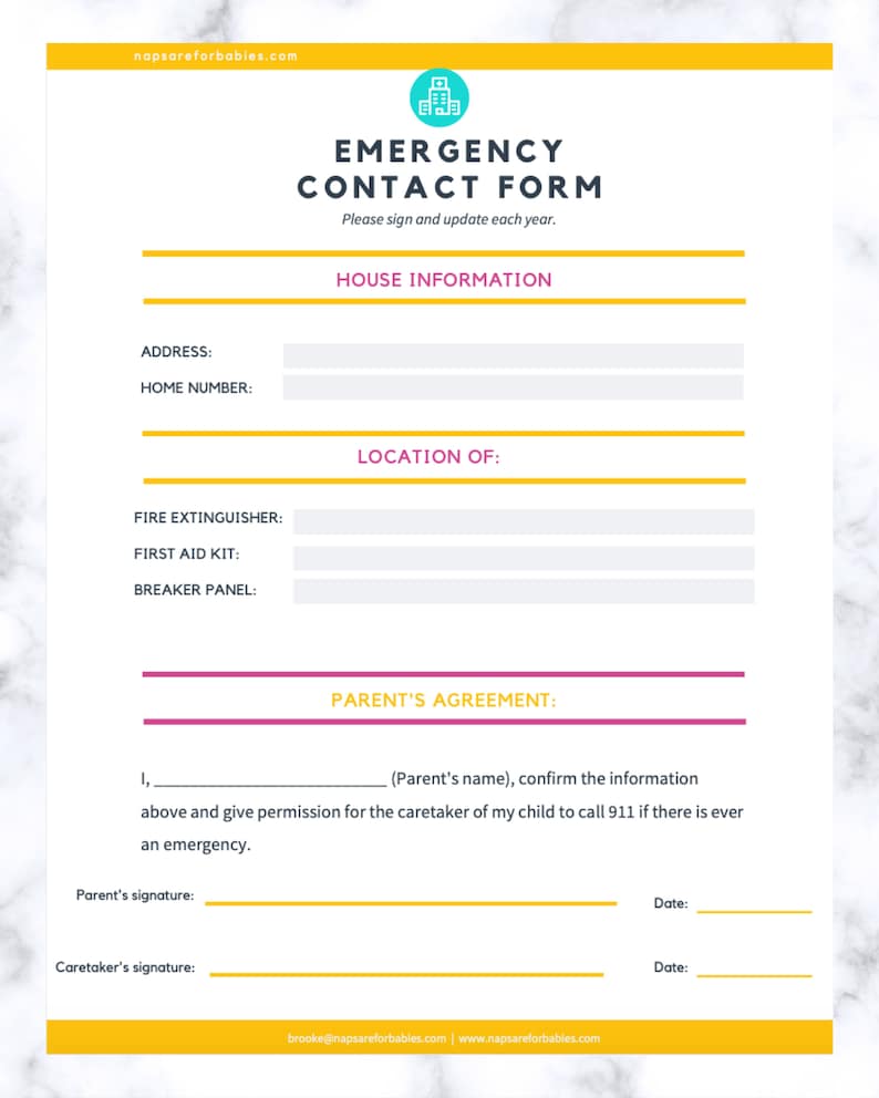 nanny forms editable emergency contact form babysitter etsy