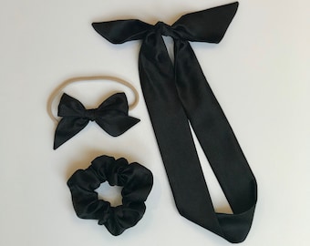 Black satin mommy and daughter set, hair scarf, scrunchie, baby bow, nylon headband bow, alligator clip bow