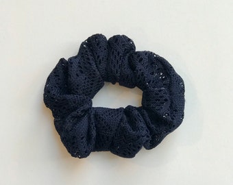 Navy blue mesh scrunchie, crochet pattern blue scrunchy, elastic scrunchie, ponytail scrunchie