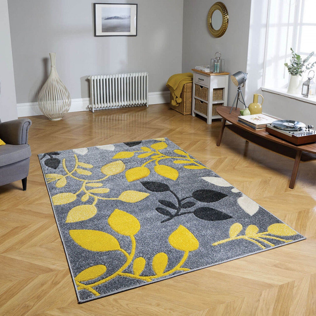 Contemporary Grey Yellow Floral Rug Portland 10961 Etsy.de