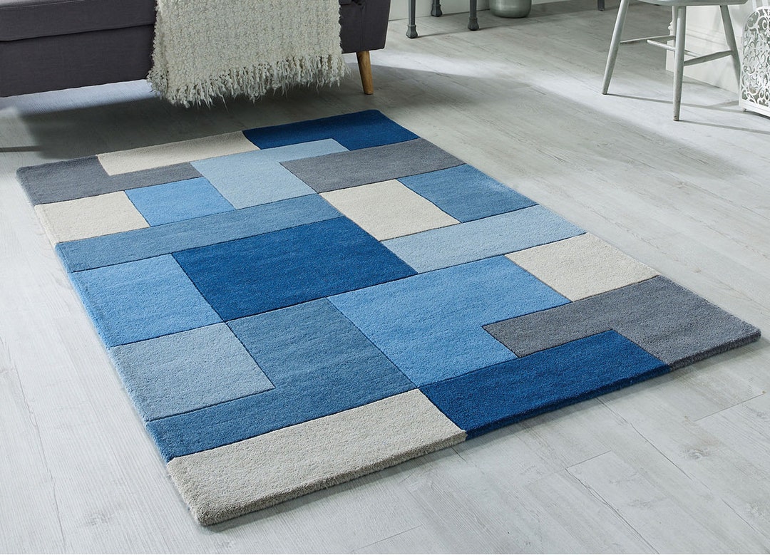Lexus Blue Geometric Wool Rug - Etsy UK