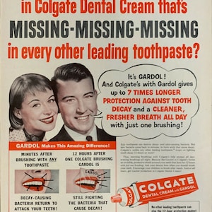 Vintage 1956 Colgate Dental Cream Man & Woman Smiling Print Ad Advertisement