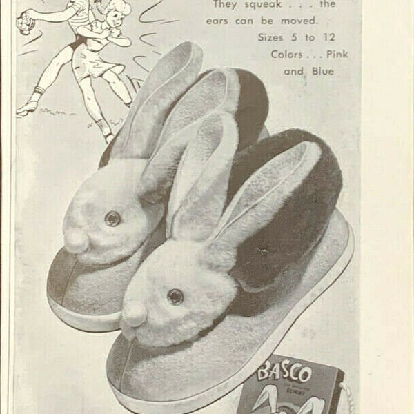 Vintage 1949 Vogue Basco Bunny Slippers For Kids Easter Print Ad Advertisement