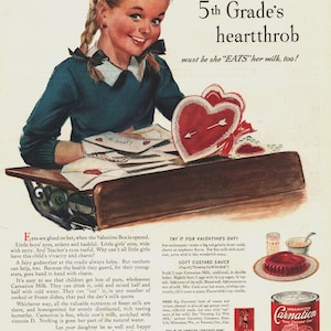 Vintage 1943 Carnation Milk She&#39;s 5th Grades&#39;s Heartthrob Advertisement