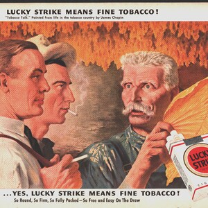 1943 Lucky Strike Means Fine Tobacco Men W/ Tabacco Leaf Print Ad Advertisement