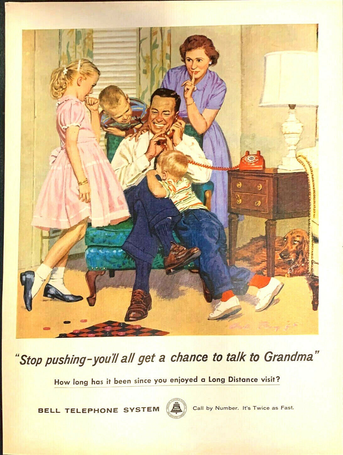 Vintage 1959 Bell Telephone Family Fighting for Phone Print Ad