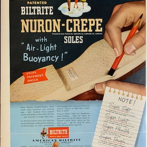 Vintage 1952 Biltrite Nuron-Crepe Shoe Soles Air- Light Print Ad Advertisement