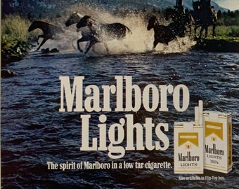 Vintage 1987 Marlboro Lights Cowboy Horses In Water Print Ad Advertisement