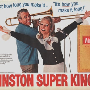 Vintage 1968 Winston Super Kings! Man With Trombone Woman Singing Advertisement