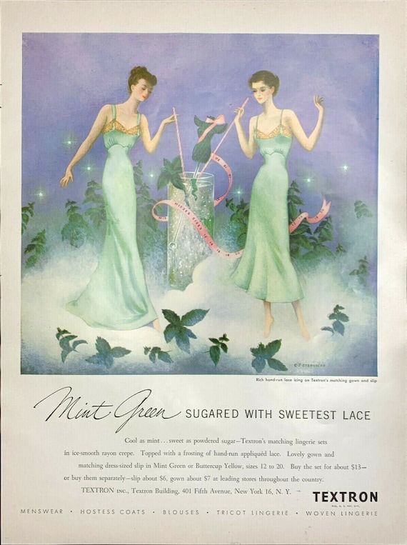 Vintage 1949 Vogue Textron Mint Green Laced Nighty