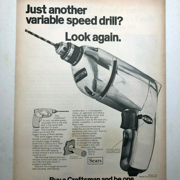 Original 1969 Craftsman 1135 Varible Speed Drill Print AD Art Shop Tools Sears