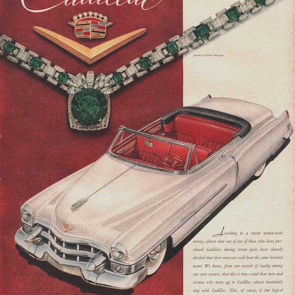 Vintage 1953 White Convertible Cadillac & Harry Winston Emeralds Advertisment