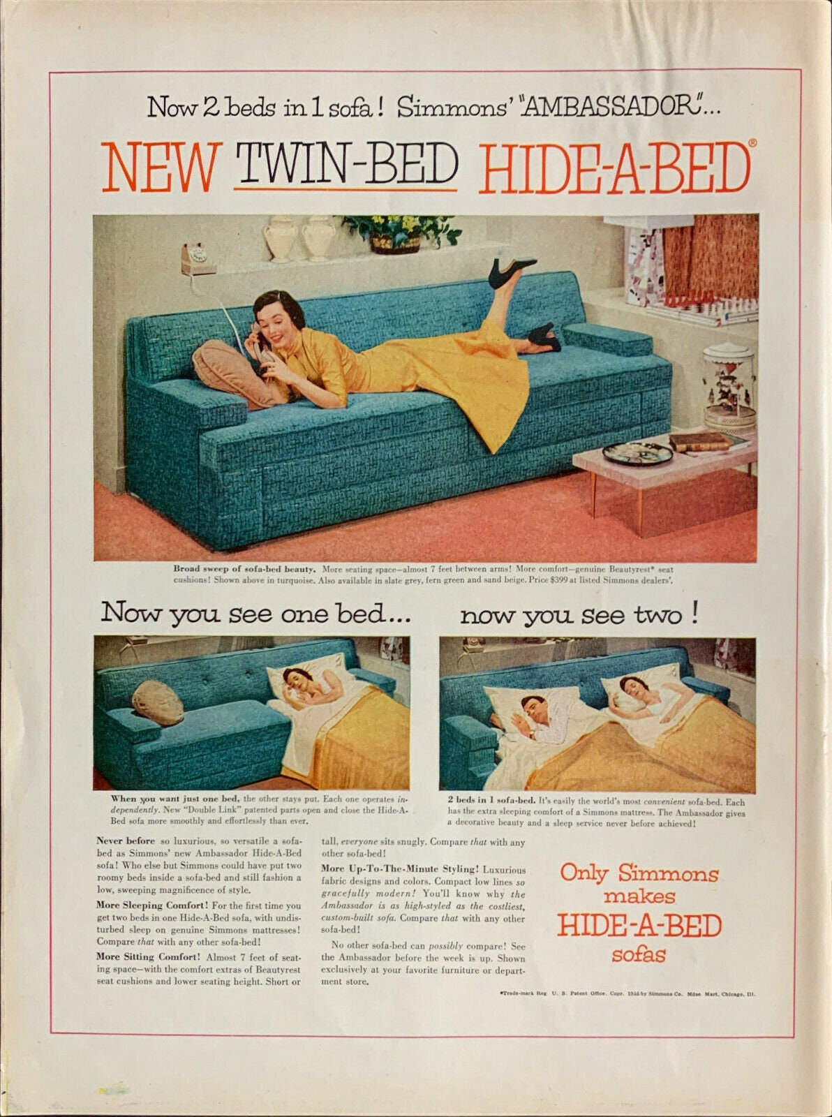 Vintage 1955 Only Simmons Makes Twin Hide-a-bed Sofas Print Ad ...