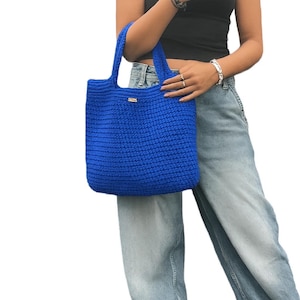 Handgefertigte Royal Blau häkeln Tragetasche | Umweltfreundliche Umhängetasche | Sommer Markttasche | Boho Chic Strandtasche | Von Dubi | Zurück zu Uni Tasche