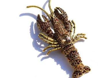 Gold Plated Enamel and Crystal Lobster Brooch Lobster Lapel Pin New