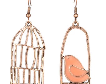 stud earrings antique bronze tree bird cage round jewelry animals pink black birds Earrings dots modern glass bird dotted
