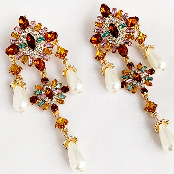 Vintage Art Deco Nouveau Gatsby Downton Design Orange Pink Red Crystal & Pearl Gold Long Embellished Wedding Party Statement Earrings