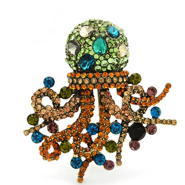 Vintage Art Deco Style Gold Octopus Squid Sea Creature Embellished With Crystals In Rich Green Orange & Blue Statement Brooch or Pendant