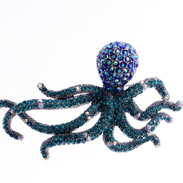 Vintage Art Deco Style Octopus Squid Sea Creature Silver Metal Rich Blue Crystal Embellished Wedding Party Brooch Pin