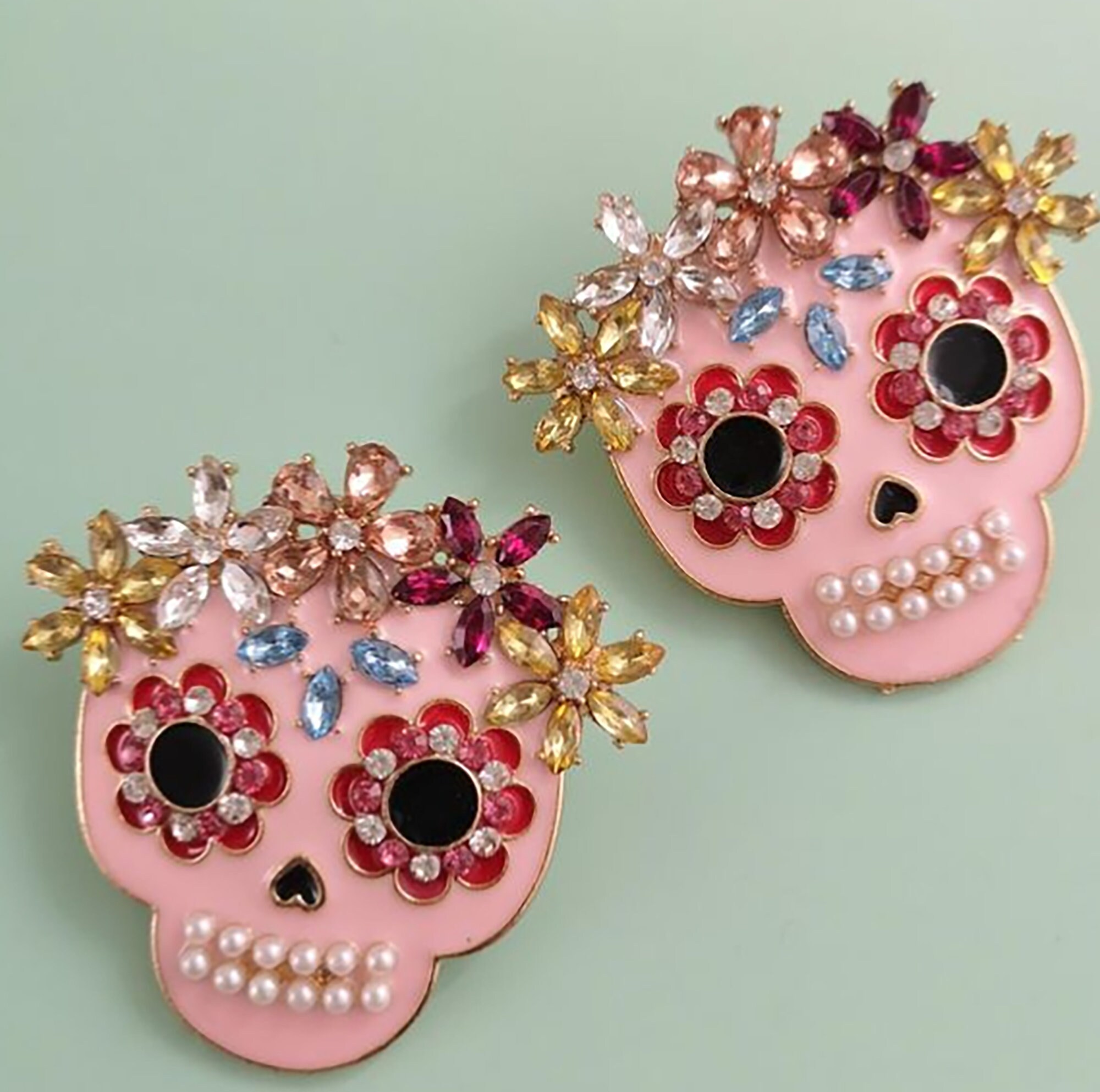 Vintage Art Deco Style Skull Skeleton Pink Enamel Crystal & Etsy