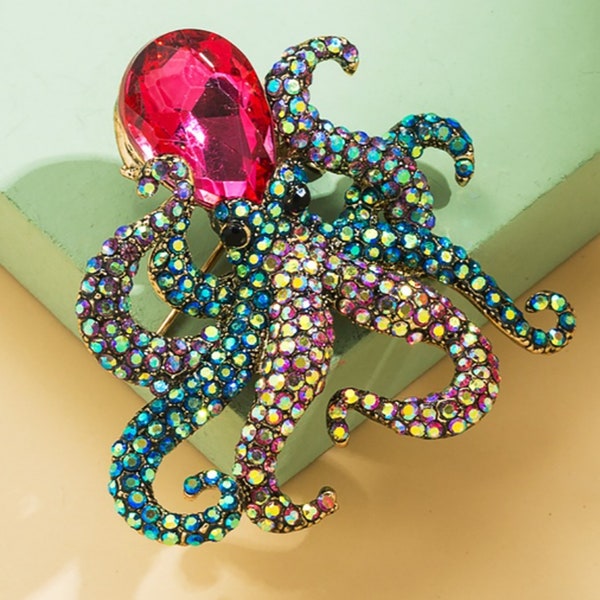 Colourful Crystal Octopus Squid Sea Creature Crystal Embellished Gold Vintage Style Art Deco Nouveau Party Wedding Brooch Pin