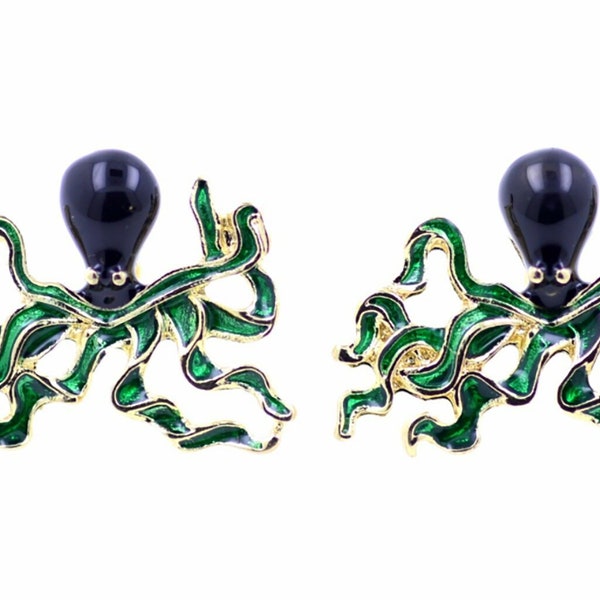 Small Vintage Art Deco Style Octopus Squid Sea Creature Gold Green & Black Enamel Party Stud Earrings