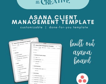 May include: Two white tablets displaying an Asana Client Management Template. The text on the tablets includes "Meetings", "Branding & Graphic Design", and "Email Marketing". The background is teal with the text "TAURUSROAD CREATIVE" and "built out asana board".