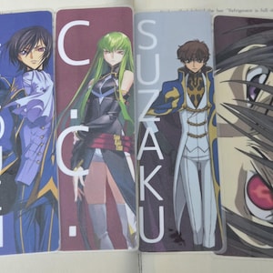 May include: Four colorful bookmarks featuring anime characters. The first bookmark has the name "LELOUCH" vertically. The second bookmark has the letter "C" and the third bookmark has the name "SUZAKU" vertically. The fourth bookmark features a close-up of a character's face.