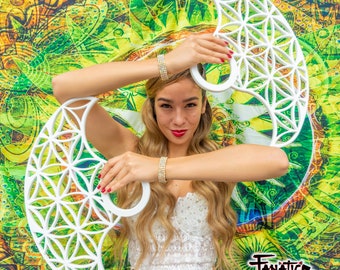 Flor de la Vida - Abanicos de flujo personalizados con agarre ruso de 3,25", abanicos de práctica, abanicos de día, abanicos tecnológicos, abanicos Poi hula para festivales de flujo y Burning Man