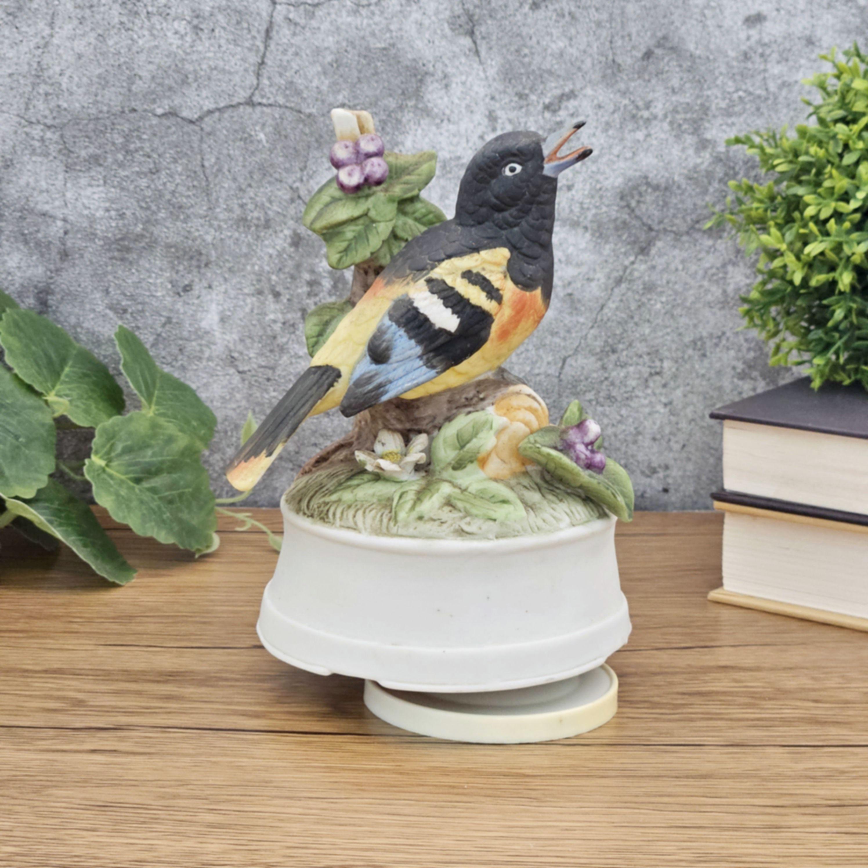 1970s Bird Music Box Figurine Porcelain Blue-Wing