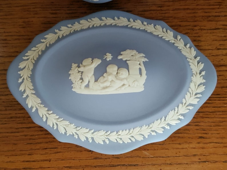 Blue Oval Wedgwood Jasperware Trinket Box wAngels