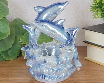 Iridescent Blue Dolphins Figurine Trinket Dish, Sea Fish Ocean Home Decor