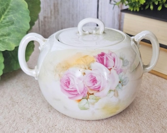 Antique Sugar Bowl with Lid Pastel Pink Roses Porcelain Bayreuth Bavarian Tableware