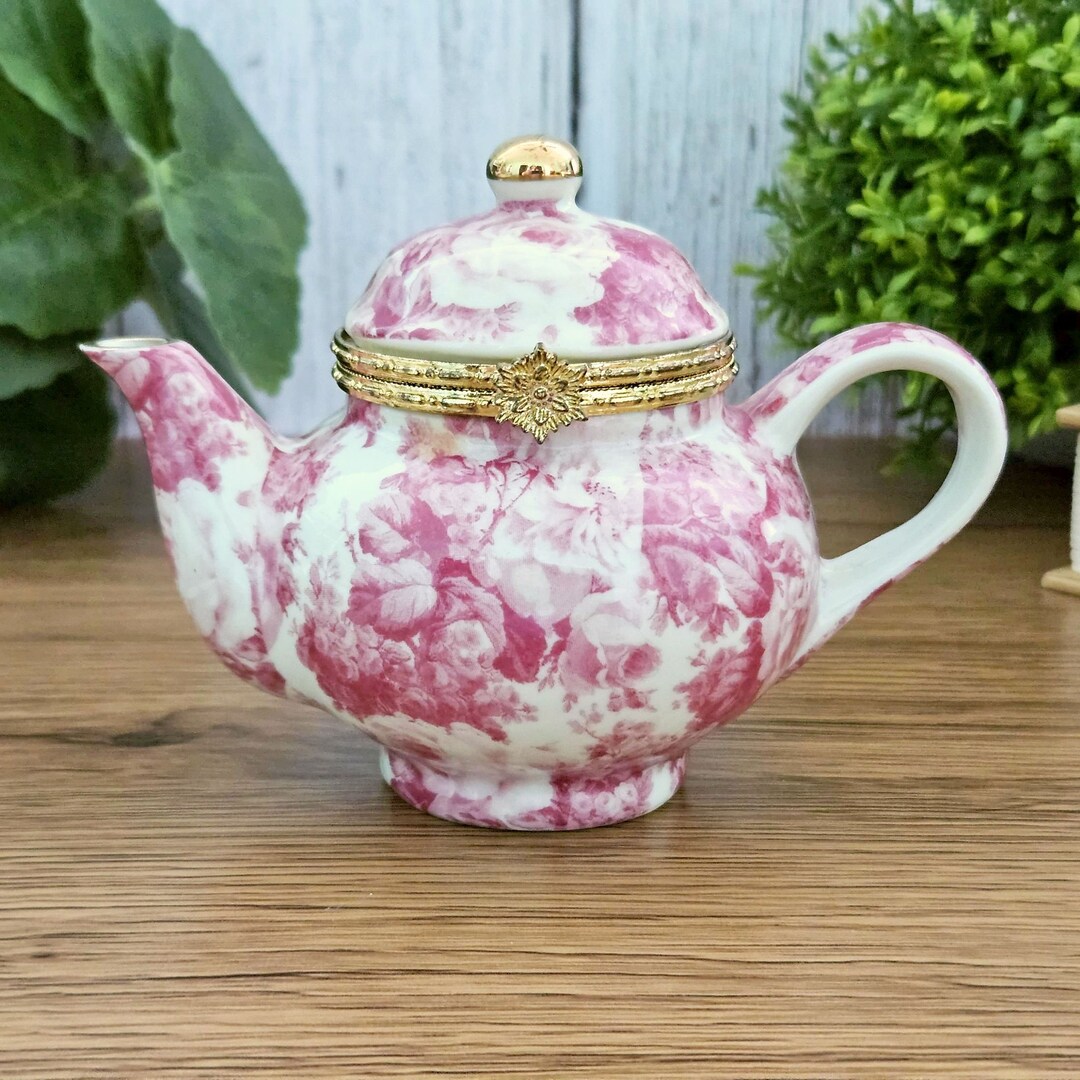 Teapot Trinket Box Pink Floral Chintz W/hinged Lid, Formalities