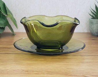 Vintage Green Glass Ruffled Dip Bowl with Underplate Olive Green Glassware Candy Dish Condiment Bowl