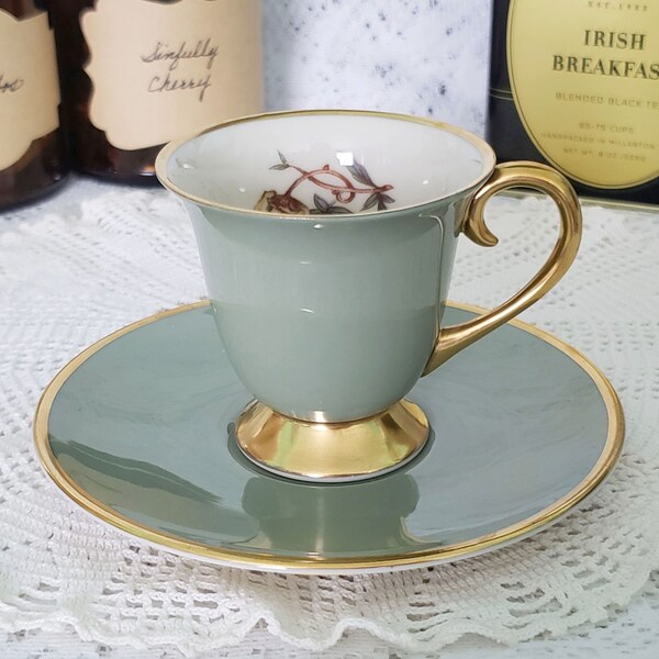 Vintage Sage Green Demitasse Cup and Saucer, Flintridge Avalon Teacup Made in the USA