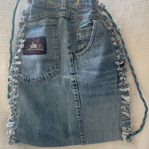 Denim Backpack/Project Bag, Upcycled Denim Drawstring Totes, School Bag, Travel Sack, Library Book Tote