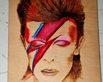 Bowie Alladin Sane A5 pyrography and acrylic portrait.
