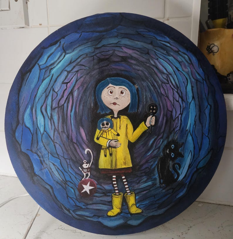 May include: A round painting featuring a girl in a yellow raincoat holding a button and a doll. A black cat and a skeleton with a star are also depicted. The background is a dark blue tunnel.