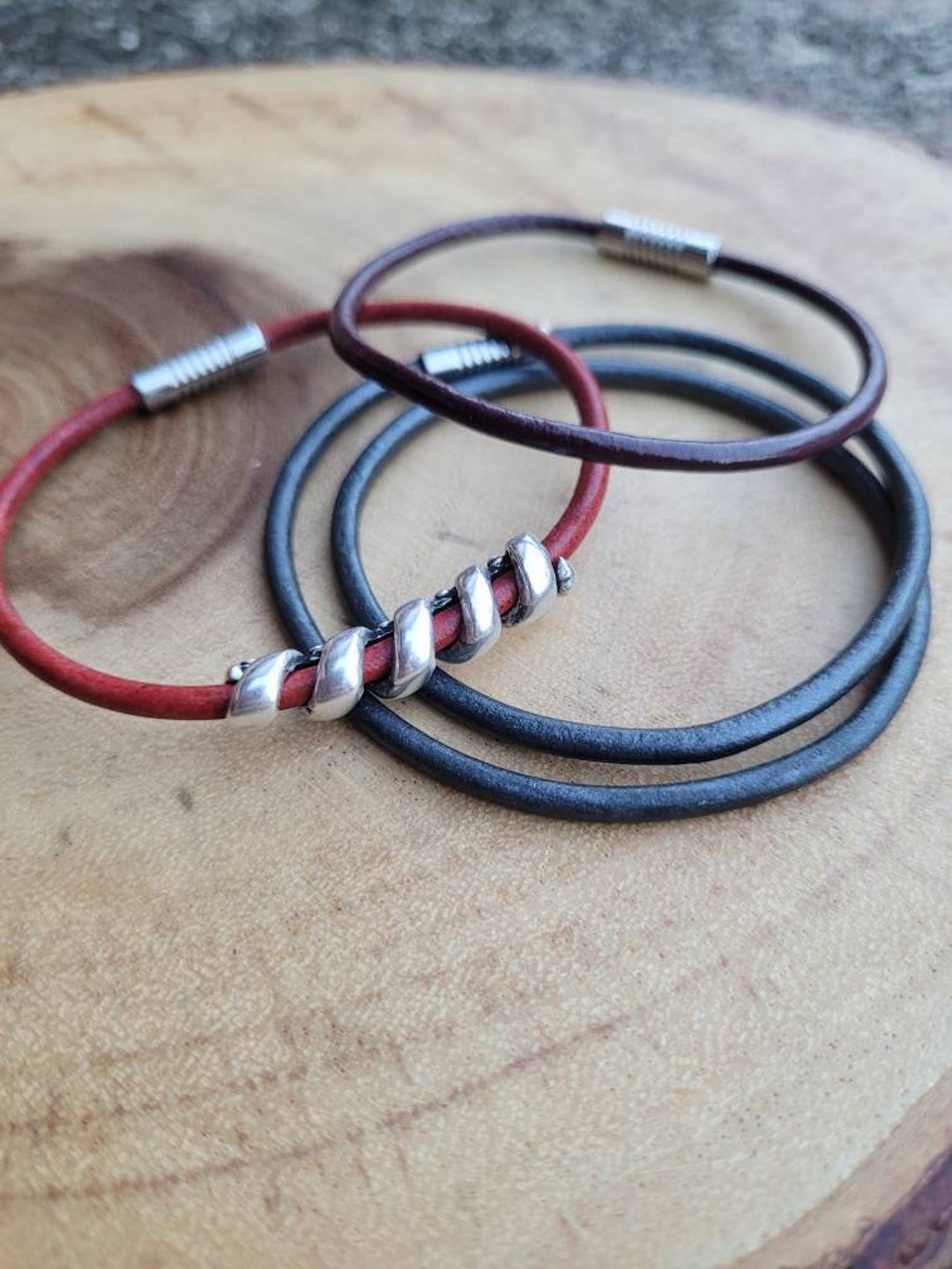 Leather Bracelet Single or Double Wrap With Spiral Bead and - Etsy