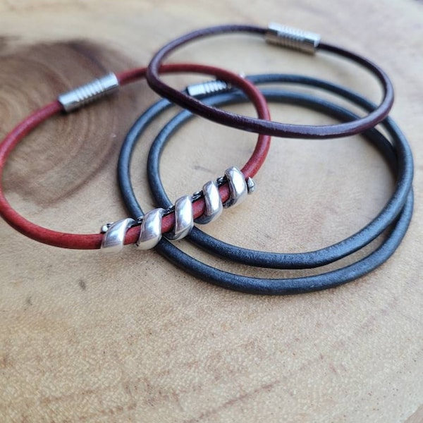 Leather bracelet, single or double wrap, with spiral bead and stainless steel magnetic clasp | made on Kauai | unisex jewelry
