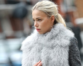 Grey Mongolian Lamb Fur Large Collar Scarf