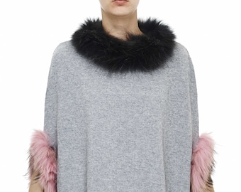 Light Grey Wool Blend With Fur Trim Poncho