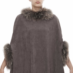 Suedette Brown Poncho With Brown Fur Trim