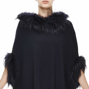 Wool blend Navy Poncho With Fur Trim Hood